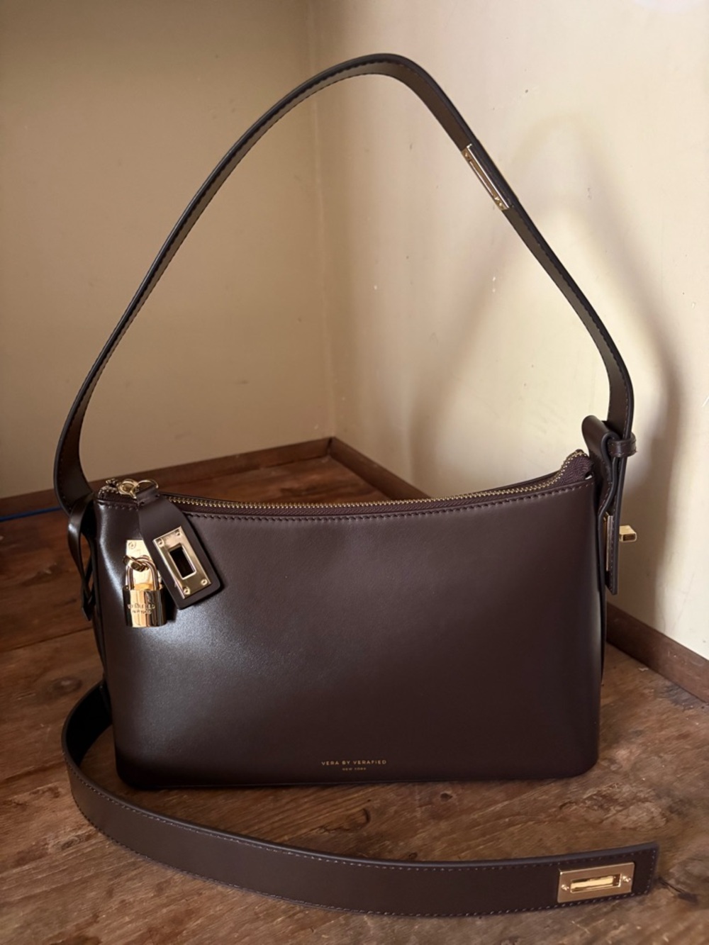 Verafied Chocolate Brown & Gold Shoulder Bag w/Brand New Crossbody Strap